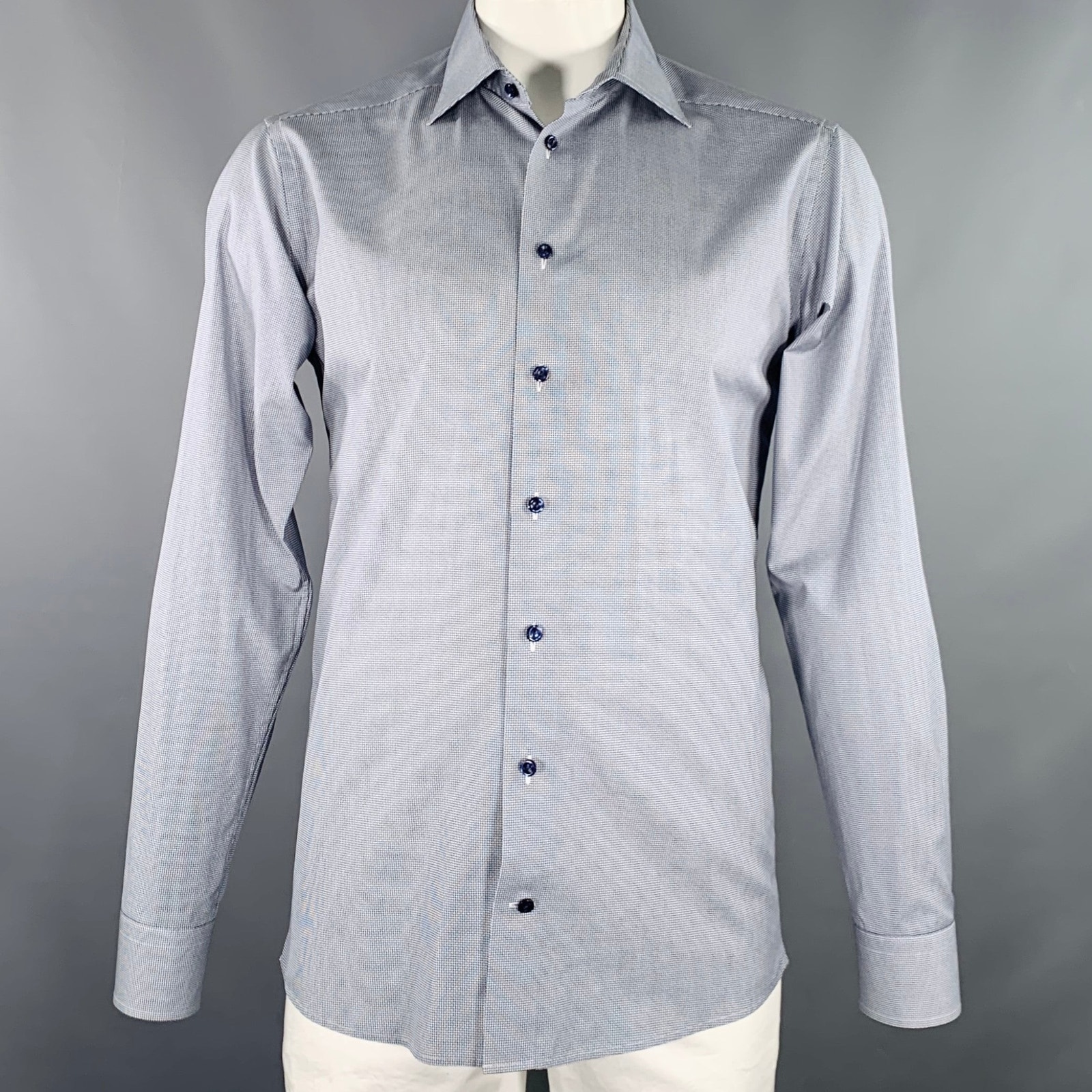 Eton Size L Grey White Dots Cotton Long Sleeve Shirt